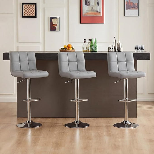 DUMOS Bar Stools Set of 2, 24 inch Counter Height Bar Stools, Upholstered Modern Kitchen Barstools with Metal Base, PU Leather Saddle Stools for Kitchen Island, Grey