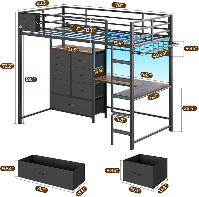 DICTAC Twin Loft Bed with L-Shaped Desk and 7 Storage Drawers,Metal Twin Size Loft Bed for Kids with LED Lights and Charging Station,13.11" H Safety Guardrail and Ladder,No Box Spring Needed, Black