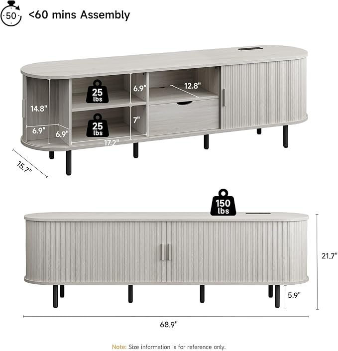 ONBRILL 69" TV Stand with Power Outlet for TVs up to 80", Entertainment Center with Storage and Drawer, TV Console with Adjustable Shelves and Sliding Door, TV Stand for Living Room, Natural White
