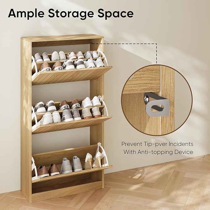 Shoe Storage Cabinet with Vertical Groove Doors 3 Flip Drawers, Narrow Shoe Cabinet Storage for Entryway, Shoe Organizer Cabinet, Slim Shoe Rack Cabinet (Oak)