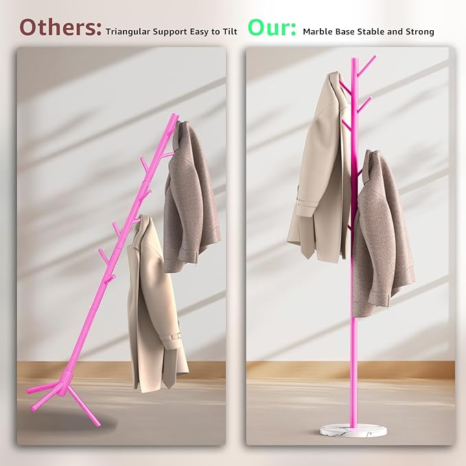 HzTinT Coat Rack with Natural Marble Base, Metal Freestanding Coat Rack with 8 Hooks, 3 Adjustable Size Sturdy Coat Tree for Bags, Coats, and Hats for Entryway, Hallway, Bedroom, Office, Pink