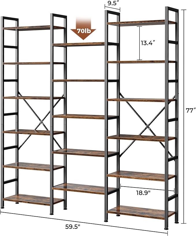 SUPERJARE Triple Bookshelf, Bookcase with 17 Open Display Shelves, Wide Book Shelf Book Case for Home & Office, 6 Tier, Brown, ABC003Z