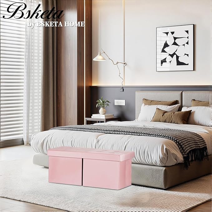 Bsketa Storage Ottoman Bench with Folding Lid Ⅲ, Foot Stools Opens on Both Ends, Footrest Foldable Velvet Chest for Living Room, Bedroom, Entryway, End of Bed Storage Blanket Ottomans Pink