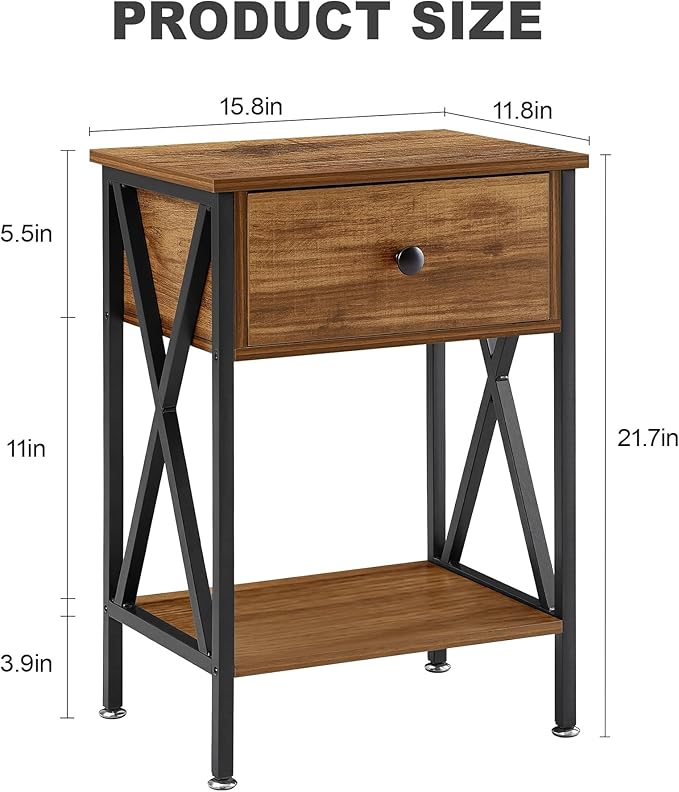 VECELO Nightstands Set of 2, Modern Bedside End Tables, Night Stands with Drawer and Storage Shelf for Living Room Bedroom, Industrial Metal Frame