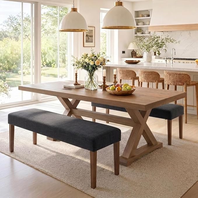 HNY Farmhouse Upholstered Dining Bench Seat Set of 2, 45" Linen Entryway Bench with Natural Wood Legs, Mid Century Modern End of Bed Bench for Kitchen Bedroom Living Room Hallway, Charcoal