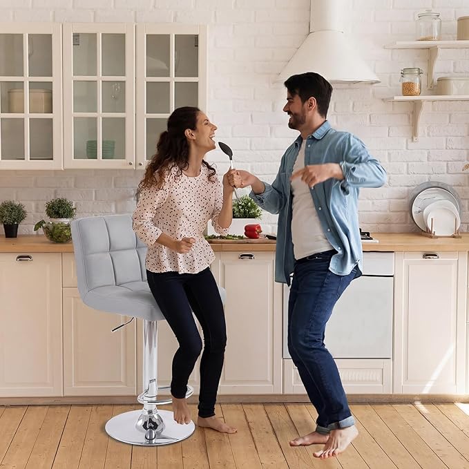 DUMOS Bar Stools Set of 4, 24 inch Counter Height Bar Stools, Upholstered Modern Kitchen Barstools with Metal Base, PU Leather Saddle Stools for Kitchen Island, Grey