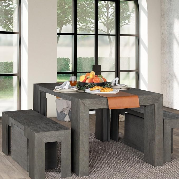 Transformer Table - Solid Wood Extendable Dining Table, Seats 2-12, Expandable Dining Room Table, Space-Saving Furniture, Kitchen and Dining Room Furniture (Dark Grey, Table + 2 Benches)