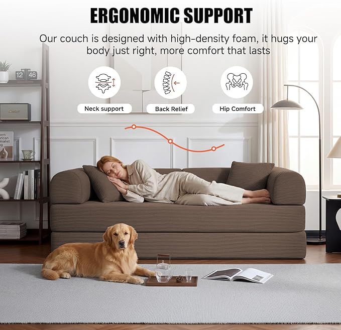 79" Compressed Sofa, Convertible Sofa Bed, Corduroy Compression Boneless Couch with Pillow, Comfy Modular Foldable Floor Sleeper Sofa for Bedroom, Living Room, Lounge, Studio (Brown)