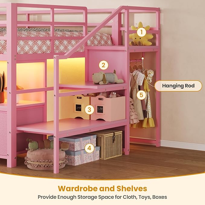ADORNEVE Low Loft Bed Twin Size with Stairs,7 Drawers, Bookcase and LED Lights, Metal Kids Loft Bed with 14" H Safety Guardrail,Inclined Ladder and Play Curtain, Under-Bed Play Space, Pink