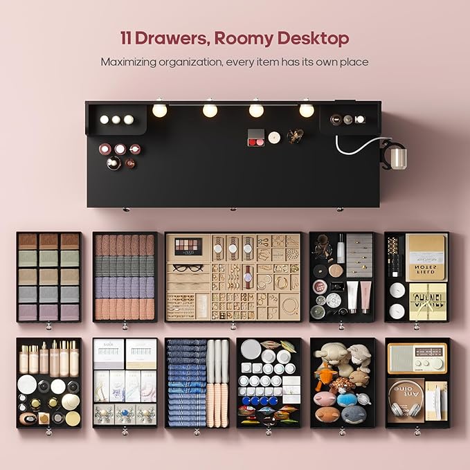 HAUOMS Vanity with Lights and Mirror, 11 Drawer Makeup Vanity with Power Strip, 6 Open Shelves, 43.3” Vanity Desk with Storage, Dressing Table with 3 Color Modes for Bedroom, Women, Girls, Black