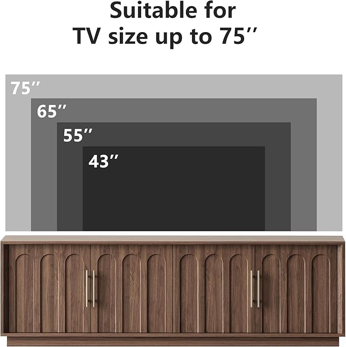FORTUNETEC TV Stand for 75 Inch TV, Mid Century Modern TV Stand with Arched Design, Wood Grain Finish, Media Console with Adjustable Shelves, 67" Entertainment Center for Living Room Bedroom, Walnut
