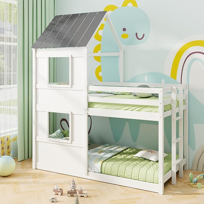Giantex House Bunk Bed Twin Over Twin, Solid Wood Floor Bunk Bed with Built in Ladder, Window & Safety Guardrail, Wooden Kids Low Bunk Beds for Teens Boys & Girls, No Box Spring Needed, White