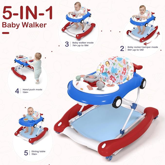 Baby Walker, 5-in-1 Baby Walker for Boys and Girls with Bouncer, Removable Footrest, Music, Foldable & Adjustable Speed Wheels Activity Walker for 6-18 Months Toddler Infant(Red Blue)
