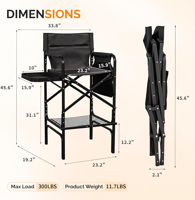 VINGLI 31" Tall Director's Chair for Makeup Artist, Aluminum Portable Makeup Chair with Retractable Side Table & Footrest,Supports 300 lbs, Foldable Makeup Chair for Studio, Black & Black