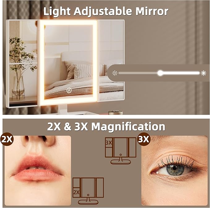 HIGDBFE Small Makeup Vanity Desk 27.5''W with Mirror and Lights, Vanity Desk with 3 Fabric Drawers and Height-Adjustable Stand, Vanity Table for Girls Gifts, Bedroom and Small Spaces, White&Pink