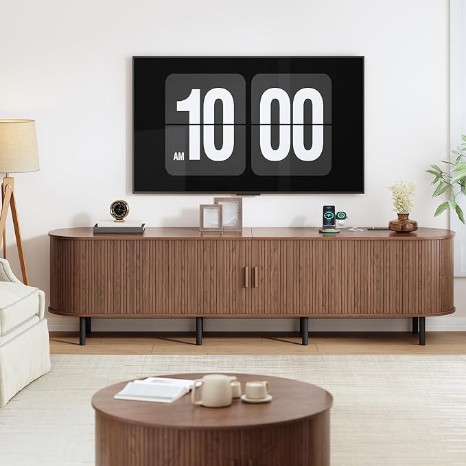 86.6" TV Stand with Power Outlet, Mid-Century Modern Television Stand, Fluted Media Console with Sliding Doors, Entertainment Center for TVs up to 90 Inch, Adjustable Shelves, Walnut