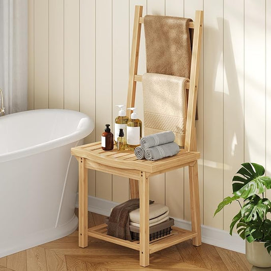 HOOBRO Freestanding Towel Rack for Bathroom, Bamboo Blanket Rack, Quilt Display Stand with Storage Shelf, Towel Rack for Living Room, Bedroom, Decorative Display Ladder Shelf, Natural YL101CJ01