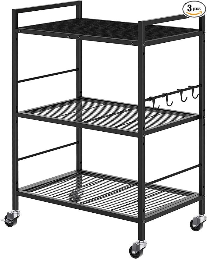 3-Tier Metal Storage Rack with Industrial Wheels,Mesh Shelving Unit with Wooden Table top,Adjustable Shelf,23.6-Inch Width,15.8-Inch Depth, for Kitchen, Laundry,Pantry,Plant,Black panel