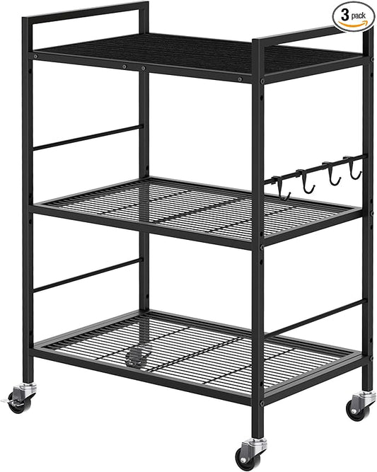 3-Tier Metal Storage Rack with Industrial Wheels,Mesh Shelving Unit with Wooden Table top,Adjustable Shelf,23.6-Inch Width,15.8-Inch Depth, for Kitchen, Laundry,Pantry,Plant,Black panel