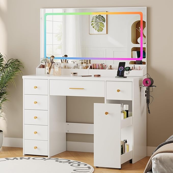 LAKEMID Makeup Vanity Desk with Large Mirror and Lights,43.3in Makeup Vanity with 7 Drawers,Modern Vanity Table with Charging Station,Adjustable RGB Lighting,Dressing Table for Bedroom Women(White)