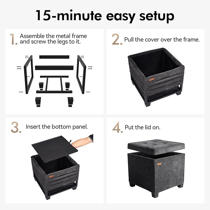 ABHENG Chenille Cover Steel Frame Ottoman with 48L Storage,17.7" x 17.7" x 17.7" Square Linen Storage Ottoman Stool Cube with Legs,for Dorm Livingroom Charcoal UASND641B