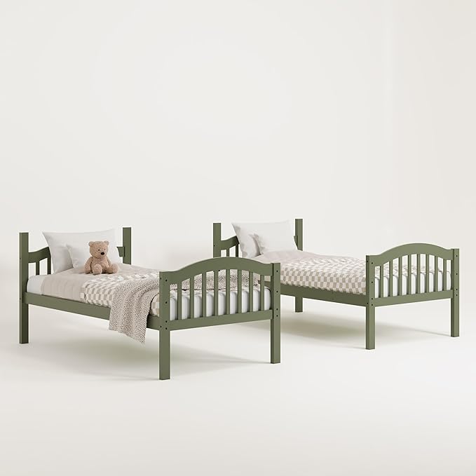 Storkcraft Long Horn Twin-Over-Twin Bunk Bed (Olive) - GREENGUARD Gold Certified, Converts to Two Twin Beds, Wood Bunk Bed for Kids Bedroom