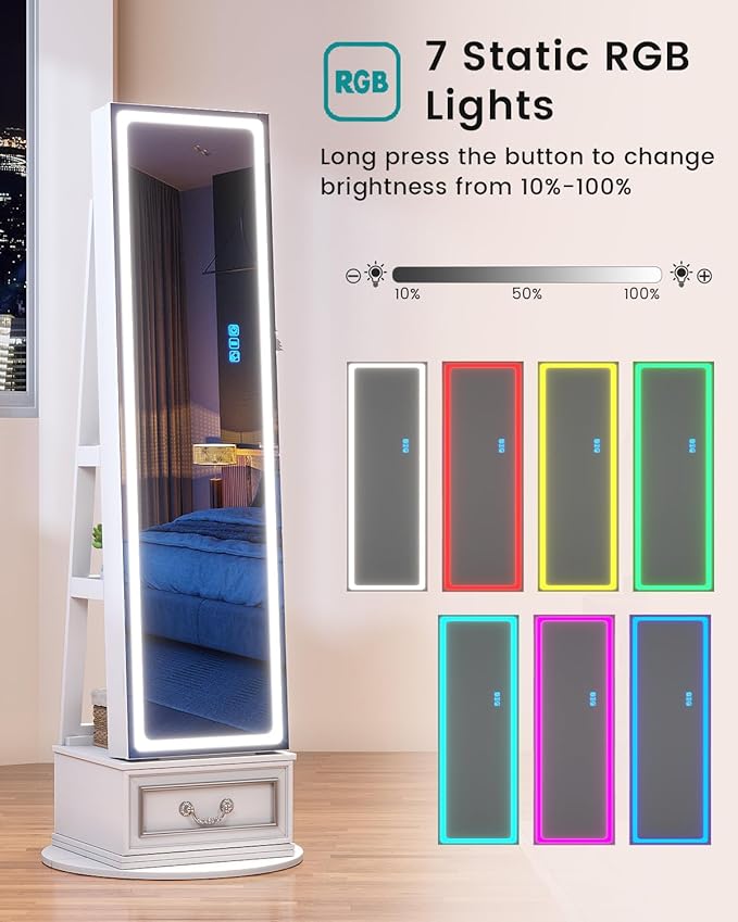 Vlsrka LED Mirror Jewelry Cabinet with Lights, Lockable Full Length Mirror with Storage, Standing Jewelry Armoire Organizer with Touch Screen&RGB Modes for Small Bedroom Spaces, Gift for Women, White