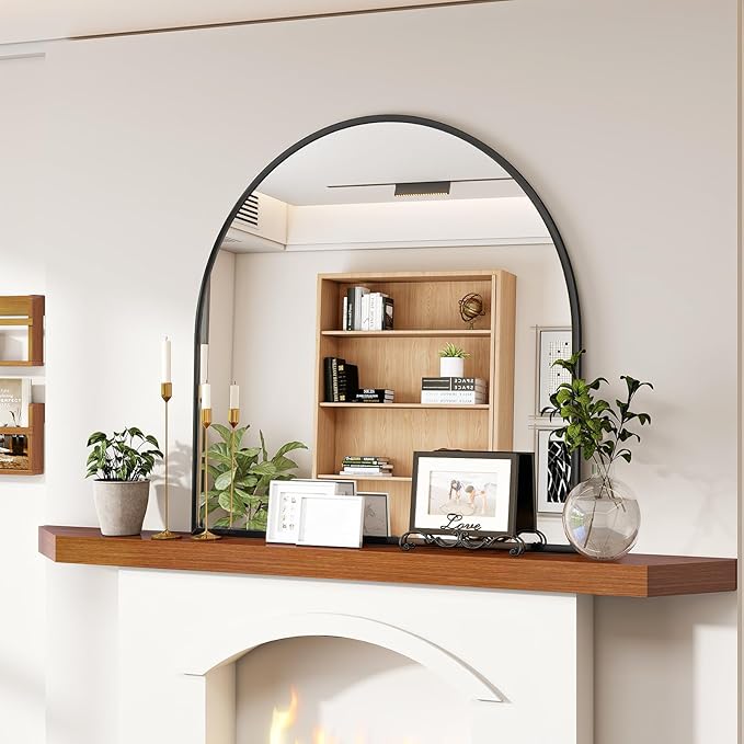 VooBang Arched Wall Mirror, 26 x 28 inch Arch Bathroom Mirror, Wall Mounted Vanity Mirror with Arch Metal Frame, Modern Bathroom Vanity Mirror for Bedroom, Living Room, Hanging or Leaning, Black