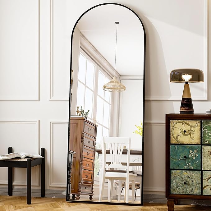 HARRITPURE 64"x21" Full Length Mirror, Arched Full Mirror, Free Standing Leaning Wall-Mounted Mirror Aluminum Frame Modern Mirrors for Living Room Bedroom Cloakroom, Black