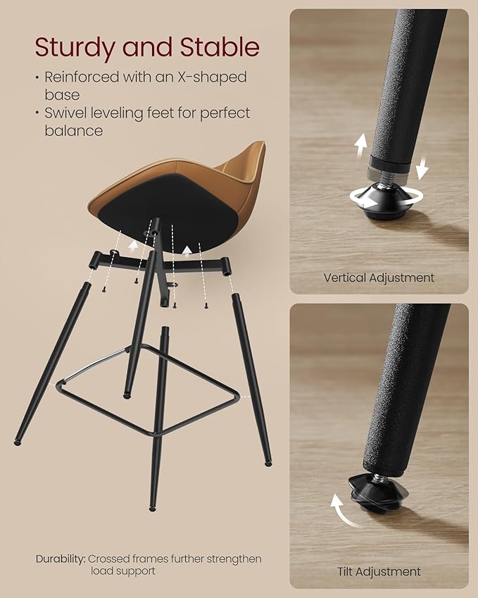VASAGLE Bar Stools Set of 4, Counter Height Bar Stools with Back, Ergonomic Backrest, Synthetic Leather, Metal Legs, 24.8-Inch Tall Barstools for Kitchen Island Home Bar, Easy Assembly, Caramel Brown