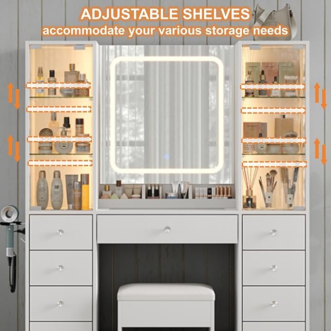 Yanosaku Vanity with 11 Drawers & 2 RBG Lights Cabinets, Makeup Vanity with Mirror and Lights, Vanity Desk with Power Outlet, Tempered Glass Top, Ample Storage, Makeup Vanity Desk for Bedroom, White