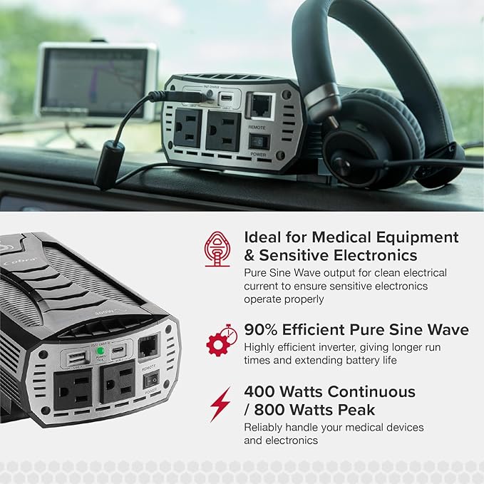 Cobra CPI400PSW Pure Sine Portable Power Inverter with Compatible Cobra CPIALCDG1 Remote Controller: 2 Grounded AC Outlets, 2 Fast Charge USB Ports, Remote On/Off, 4 Mounting Options, Black