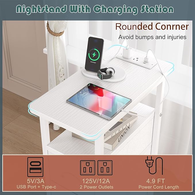 sthmec End Table with Charging Station,LED Side Tables with USB Ports and Outlets,Skinny Bedside Tables with 3 Drawers,Small Tabls Nightstands for Small Space,Slim Sofa Table for Livingroom, White