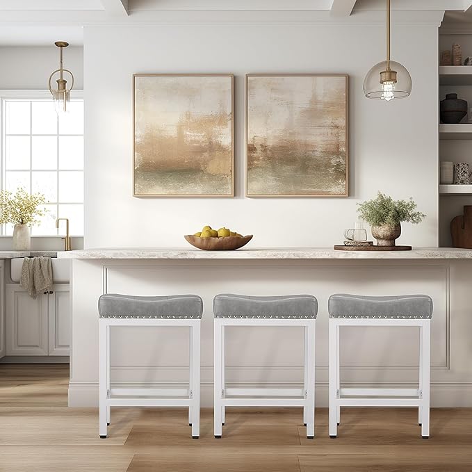Sweetcrispy 24 inch Bar Stools Set of 6, Upholstered Modern Counter Height Bar Stools for Kitchen Island Modern PU Leather Sadless Stools Chair with Metal Base and Footrest,Grey