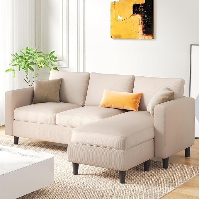 JAMFLY Sectional Sofa for Living Room, 3-Seat Reversible Couch with Convertible Ottoman, Modern L-Shaped Sofas for Small Apartment, Studio & Office, Tool-Free Easy Assembly, Beige