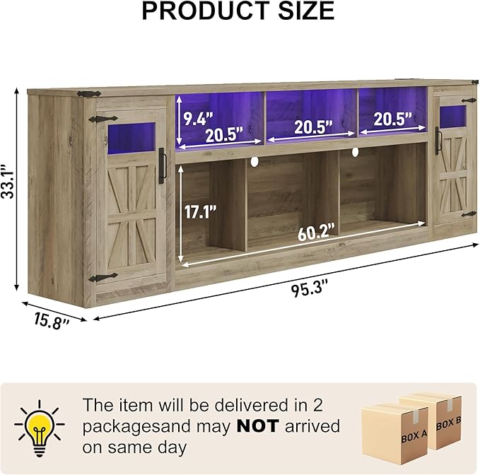 chartustriable Farmhouse TV Stand for 100 Inch TV,95" Entertainment Center w/LED Light,Large Media Console Cabinet w/Rustic Barn Doors,Power Outlets,Adjustable Shelves for Living Room,Grey