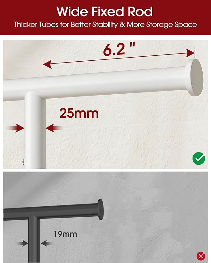 Sakugi Clothes Rack - Large-Capacity Clothing Racks for Hanging Clothes with Lockable Wheels, Space-Saving Metal Coat Rack for Bedroom, Laundry Room, Entryway, 45.6" x 16.9" x 59", White