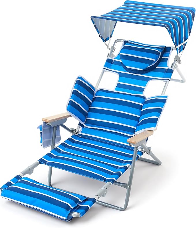 5-Positon Backpack Beach Chair, Portable Folding Tanning Chair, Double Shoulder Straps Beach Lounge Chair with Footrest, Face Hole, Towel Bar (Blue White, 60.6" with Canopy (Set of 2))