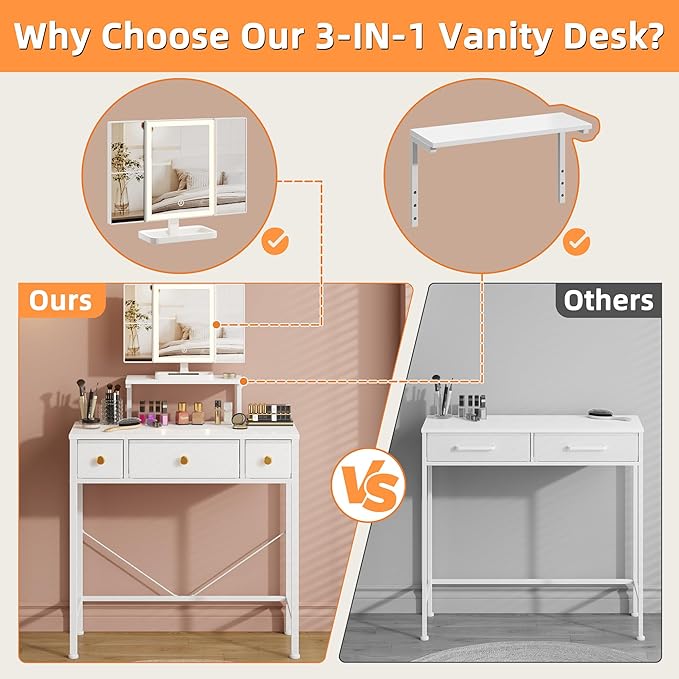 HIGDBFE Small Makeup Vanity Desk 27.5''W with Mirror and Lights, Vanity Desk with 3 Fabric Drawers and Height-Adjustable Stand, Vanity Table for Girls Gifts, Bedroom and Small Spaces, White