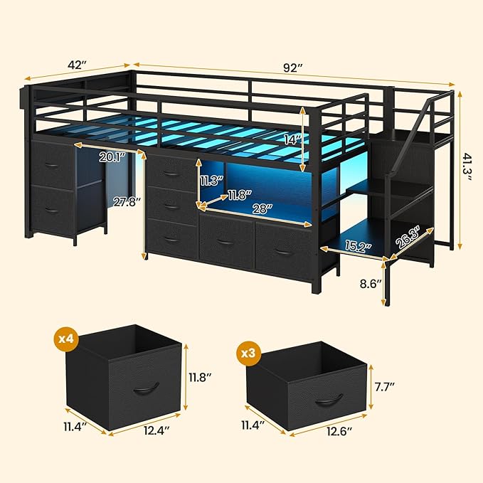 ADORNEVE Low Loft Bed Twin Size with Stairs,7 Drawers, Bookcase and LED Lights, Metal Kids Loft Bed with 14" H Safety Guardrail,Inclined Ladder and Play Curtain, Under-Bed Play Space, Black