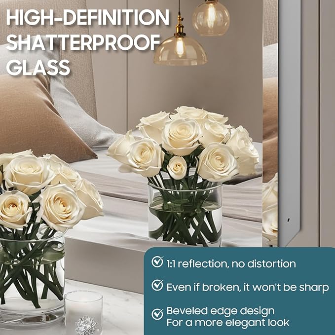 Plastic Bathroom Medicine Cabinet Mirror 16x20 inch, Recessed Medicine Cabinet or Surface Wall Mount Bathroom Cabinets with Adjustable Shelves, Beveled Edge Mirror Cabinet