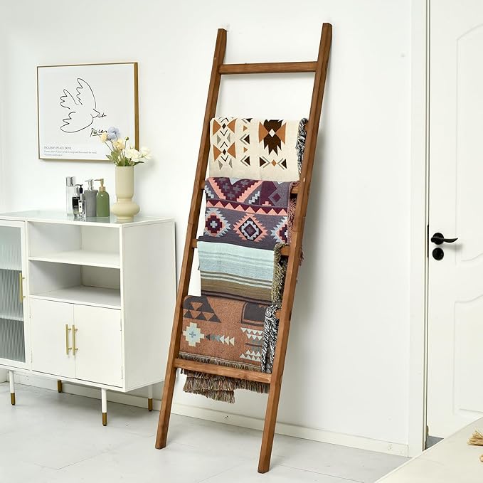 FUIN 6.4ft Extra Wide Wooden Blanket Ladder Living Room Decorative Wal Leaning Farmhouse Quilt Display Holder Rustic Wood Towel Rack for Bathroom, Brown, 24 inch Wide