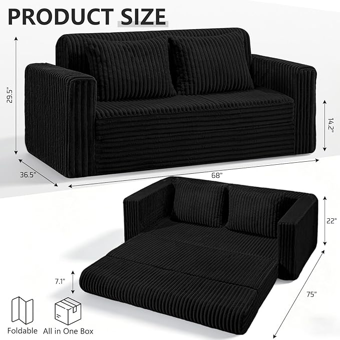 HABUTWAY 68" Loveseat Boneless Couch, 4-in-1 Convertible Sofa Bed, Plush Fur Folding Futon Sofa Bed Couches with 2 Pillows for Living Room, High-Density Foam Support, No Assembly Required, Black