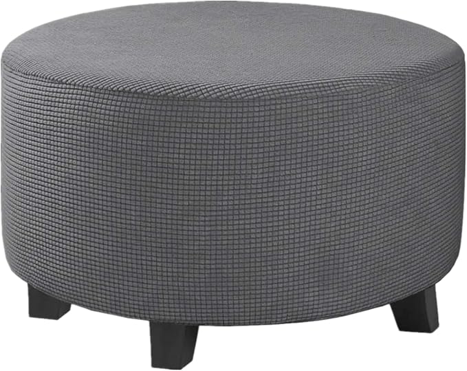 Stretch Ottoman Slipcover – Round Furniture Protector Fits 24"-29" Dia, for Footrests, Storage Ottomans & Folding Stools – Elastic Fabric Cover (Grey, Large)