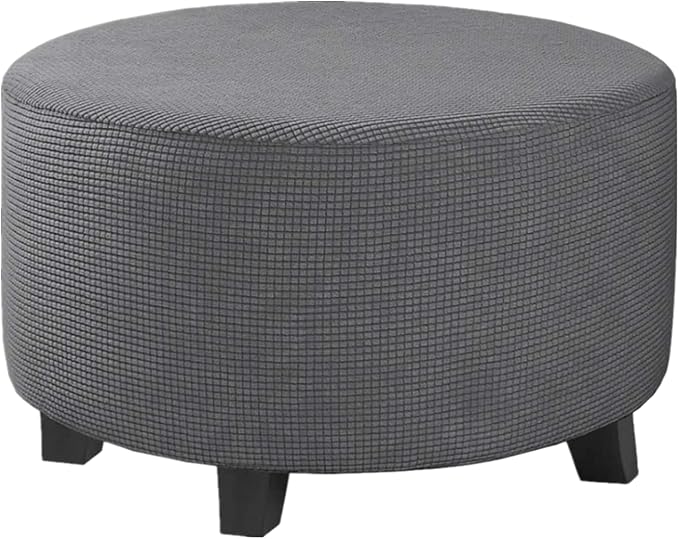 Stretch Ottoman Slipcover – Round Furniture Protector Fits 20"-23" Dia, for Footrests, Storage Ottomans & Folding Stools – Elastic Fabric Cover (Grey, Medium)