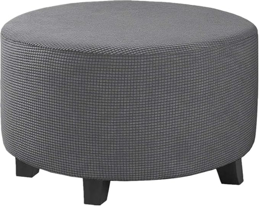 Stretch Ottoman Slipcover – Round Furniture Protector Fits 20"-23" Dia, for Footrests, Storage Ottomans & Folding Stools – Elastic Fabric Cover (Grey, Medium)