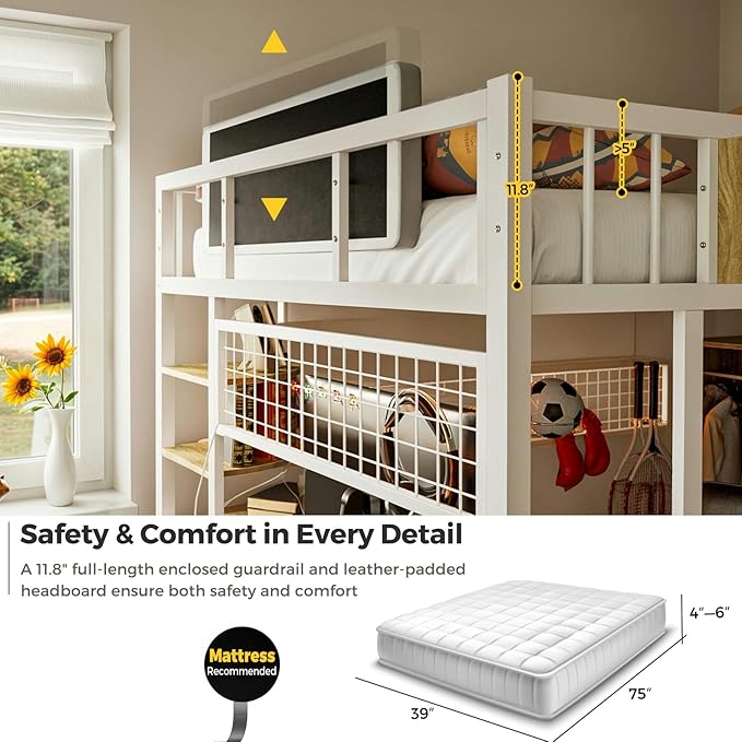 Kikihouse Twin Loft Bed with Desk, Storage Stairs & Wardrobe, Metal Loft Bed Frame w/Headboard, Bedside Shelf, Charging Station & 6 Drawers, LED Gaming Bed for Adult Space-Saving