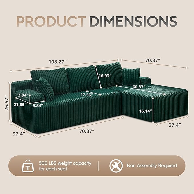 Hobestluk Modular Sectional Sofa Boneless Couch L-Shape Couch 3 Seat Modular Couch Memory Foam Sectional Couches for Living Room Furniture, Cloud Couch with Oversized Chaise (108" Right Facing Chaise)