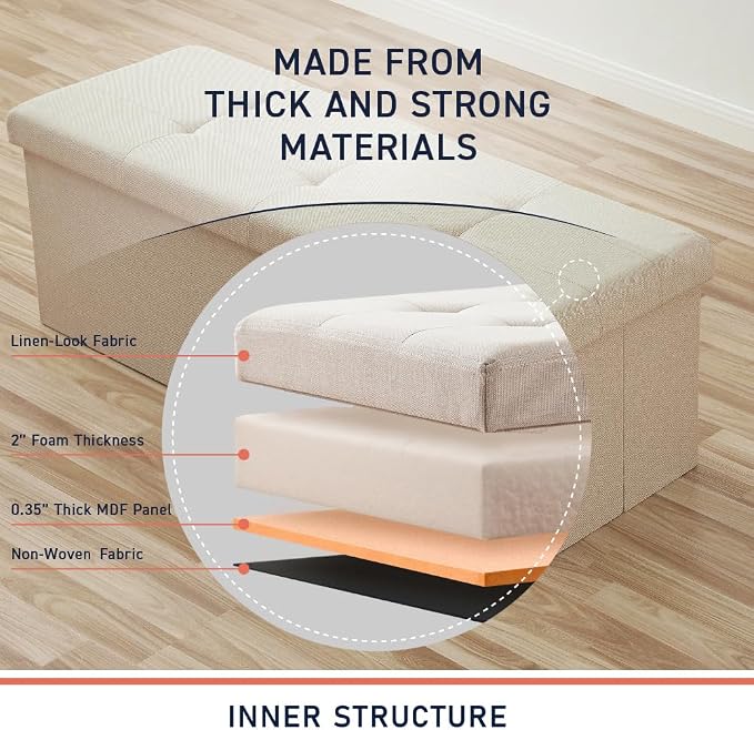 Ornavo Home Folding Storage Ottoman, 43 Inch Extra Large Storage Bench with Lid, Foot Rest Stool for Bedroom, Living Room, Entryway, Tufted Linen Upholstered - Beige