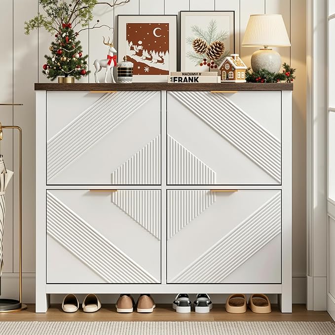 ONBRILL Shoe Cabinet with 4 Flip Drawers, 16-24 Pairs Shoe Organizer with Symmetric Groove Pattern, Freestanding Slim Hidden Shoe Storage Cabinet for Entryway, Hallway (White)